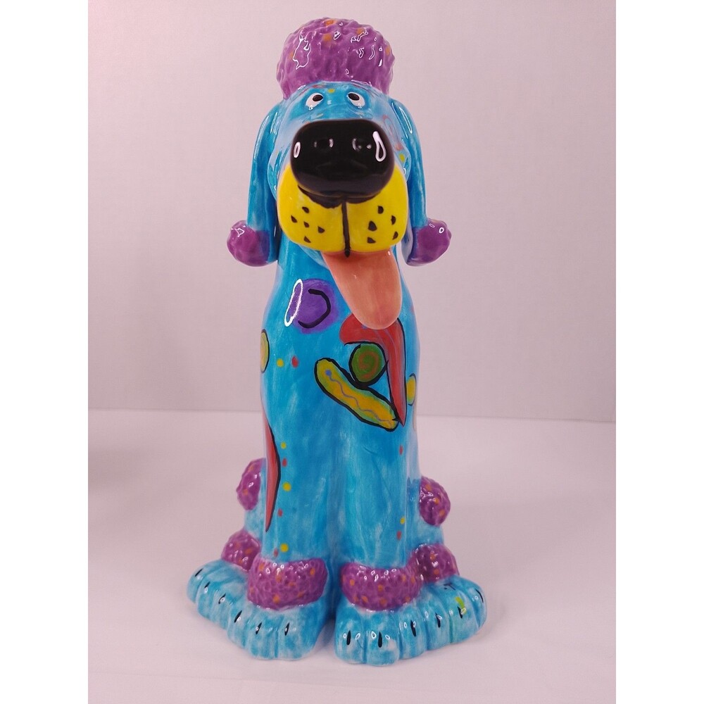 Bella Casa by Ganz Dottie Dracos Signed Whimsical Ceramic Dog Bank 9" VGC Blue